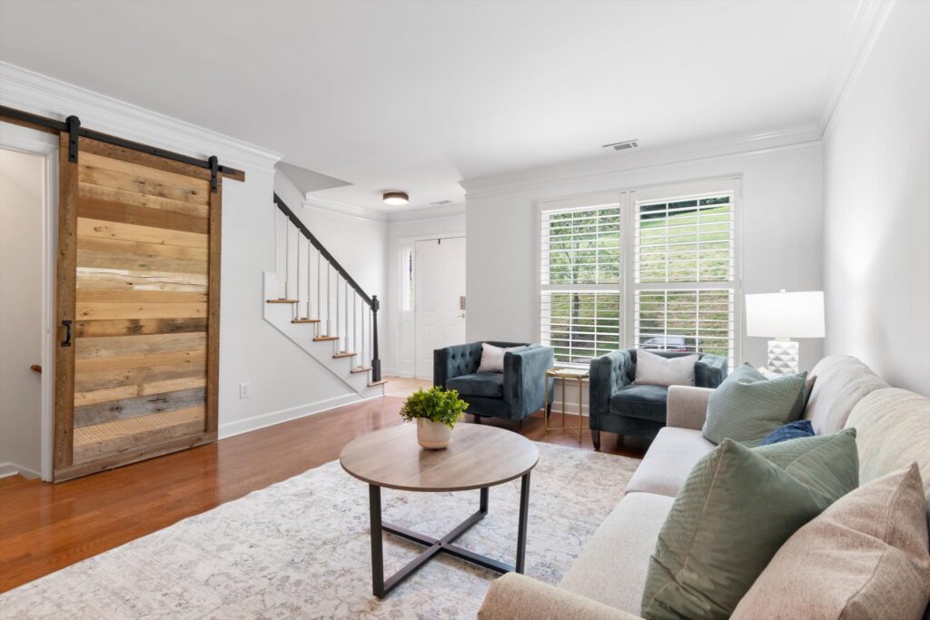 A living room staged in preparation for a home's first week on the market.